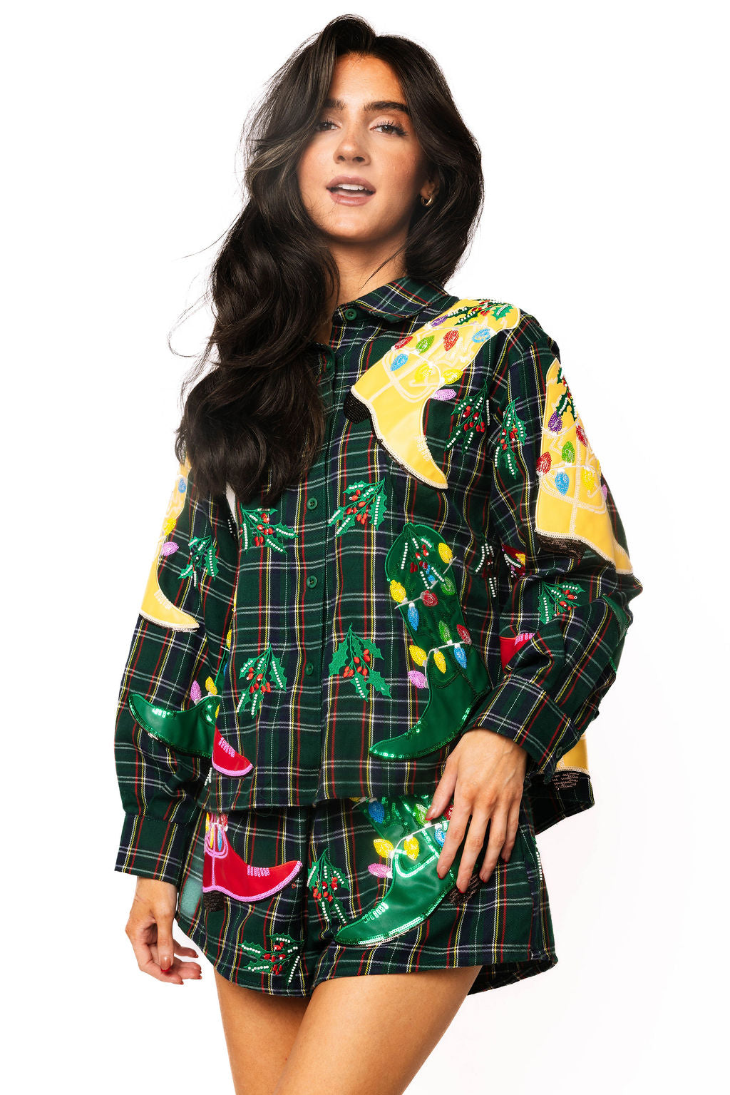 Dark Green Plaid Multi Christmas Cowboy Boots Button Up Top