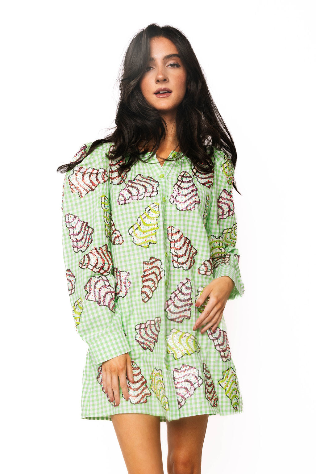 Green Gingham Christmas Tree Cookies Cotton Dress