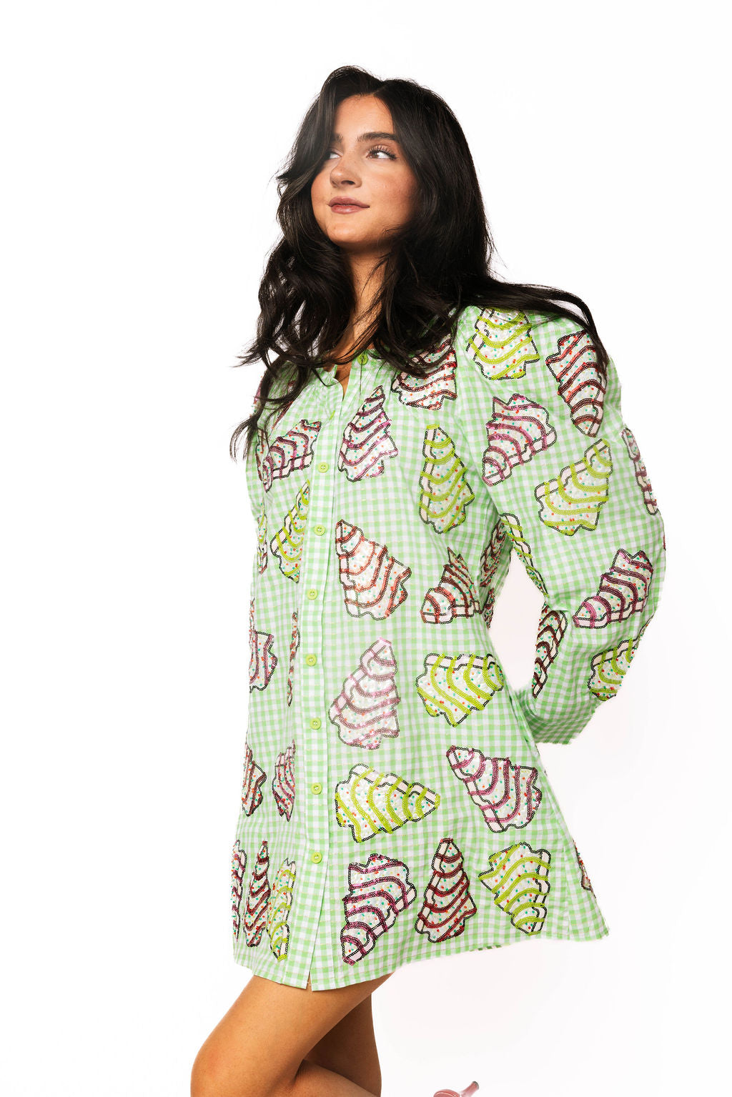 Green Gingham Christmas Tree Cookies Cotton Dress