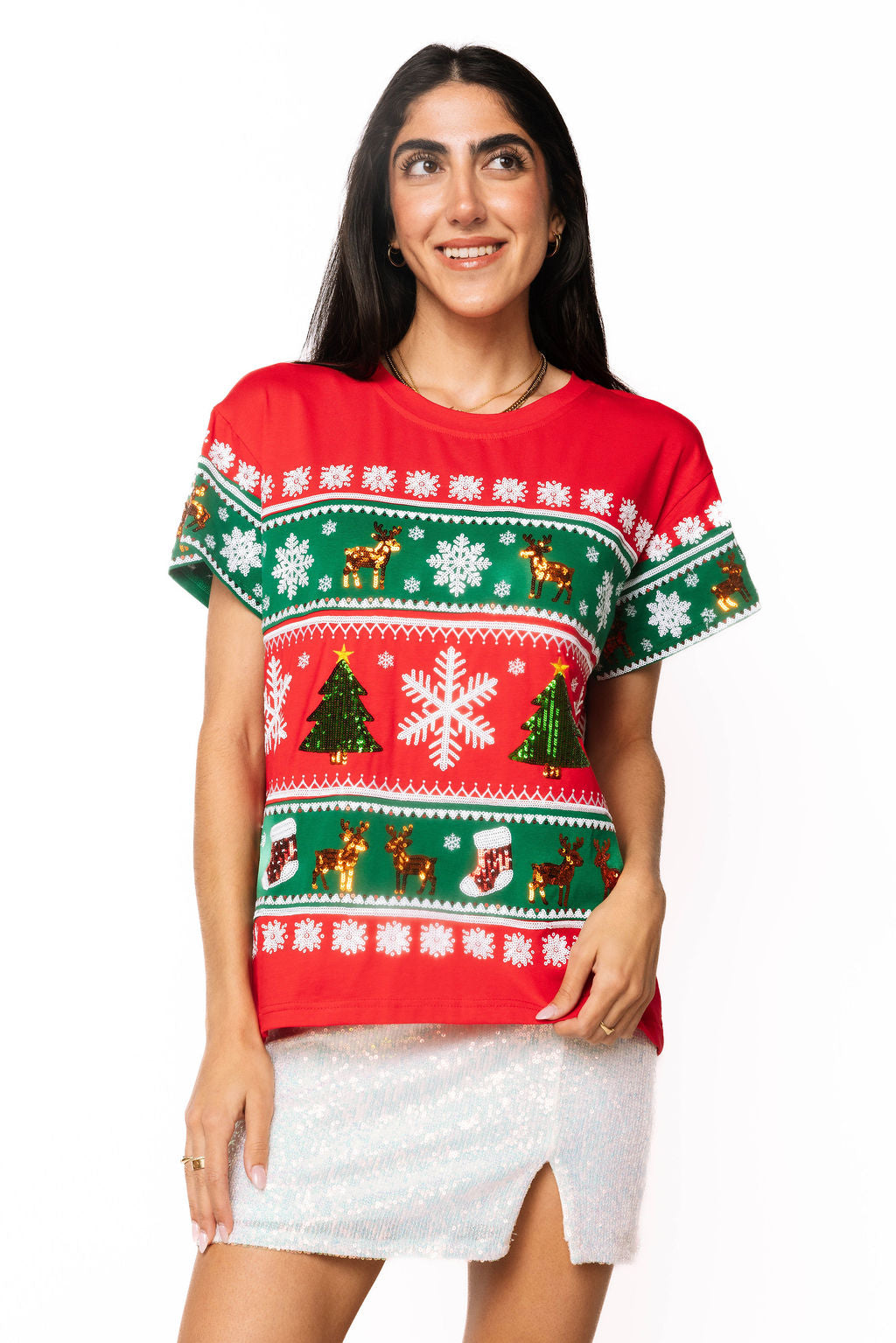Red & Green Striped Snowflake Christmas Icon Tee