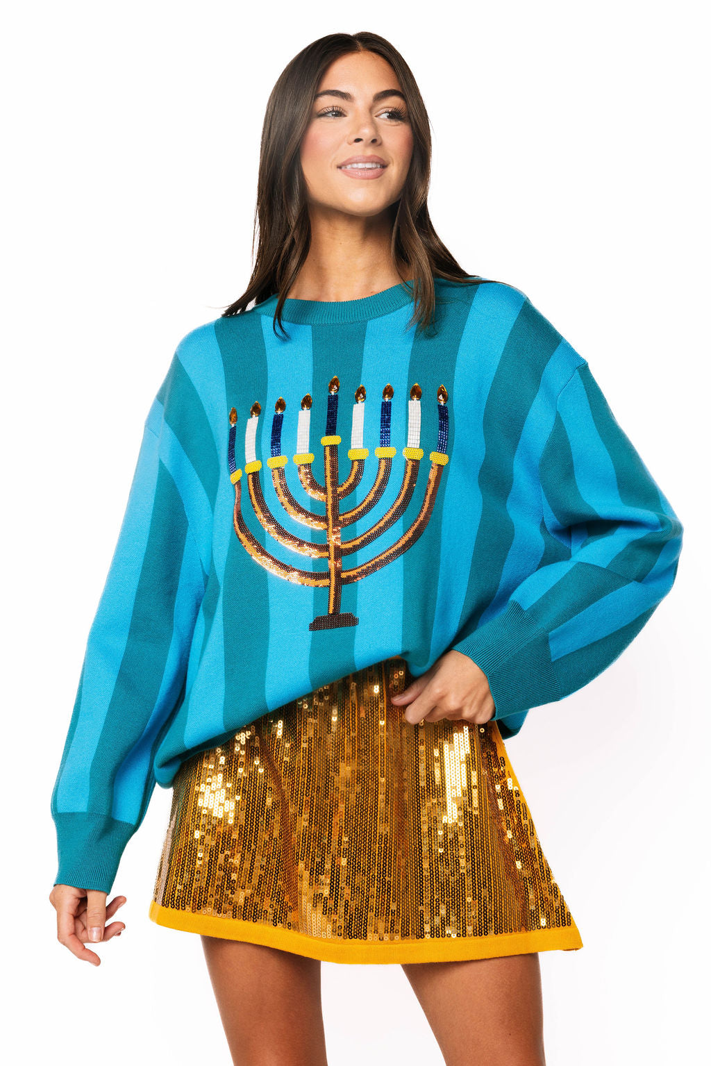 Blue Striped Menorah Long Sleeve Sweater
