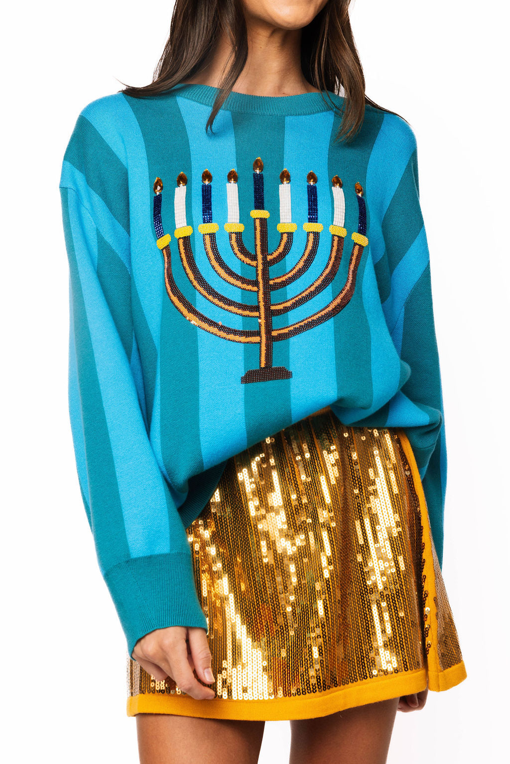 Blue Striped Menorah Long Sleeve Sweater