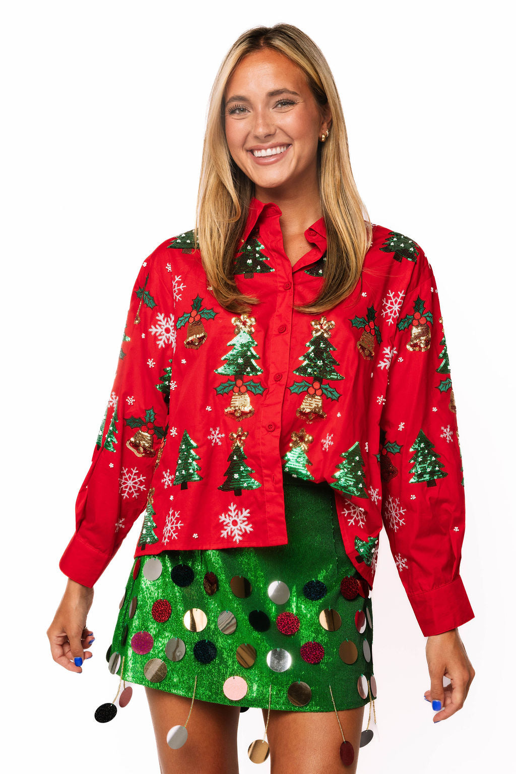 Red Christmas Tree, Holly & Snowflake Button Up Top