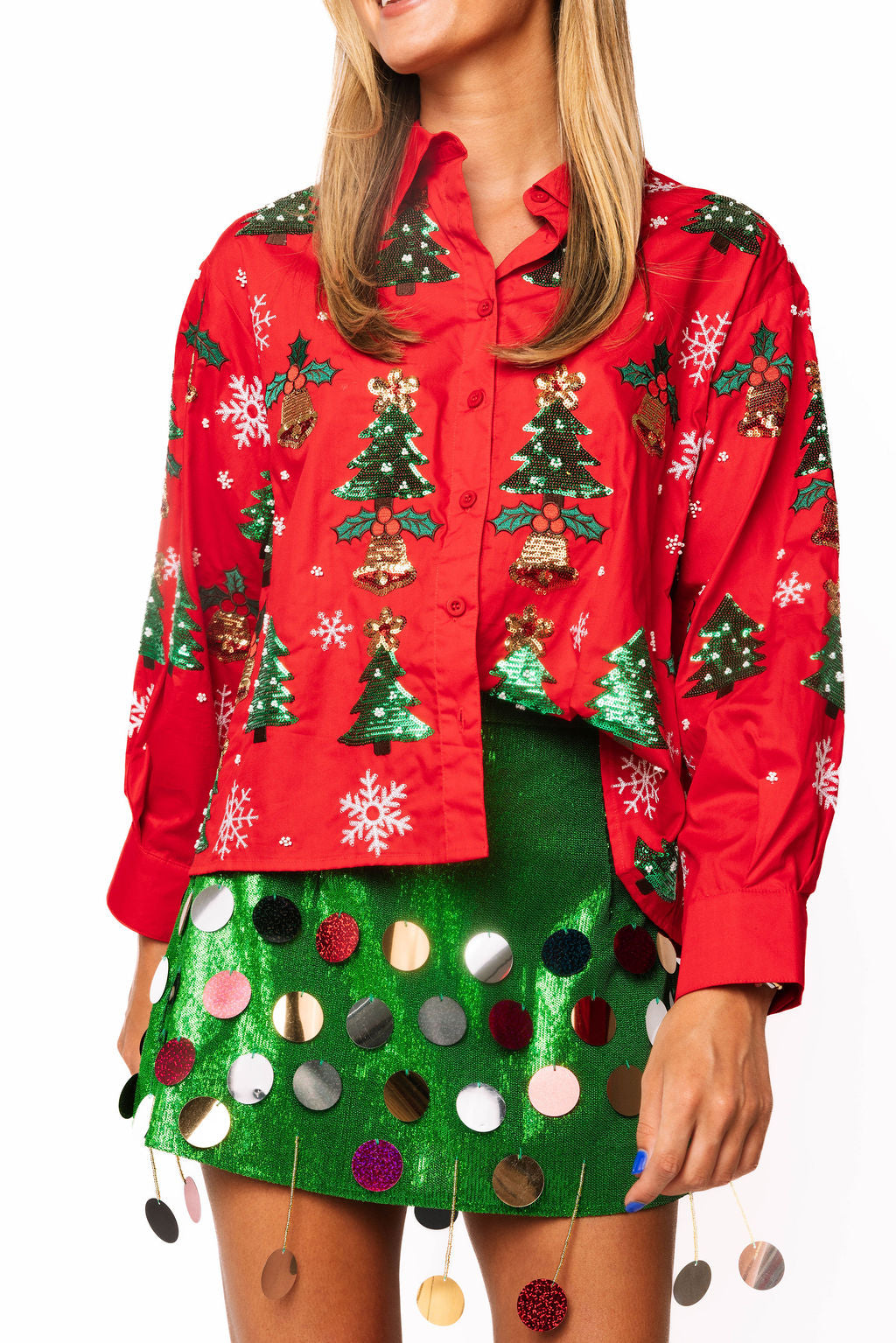 Red Christmas Tree, Holly & Snowflake Button Up Top
