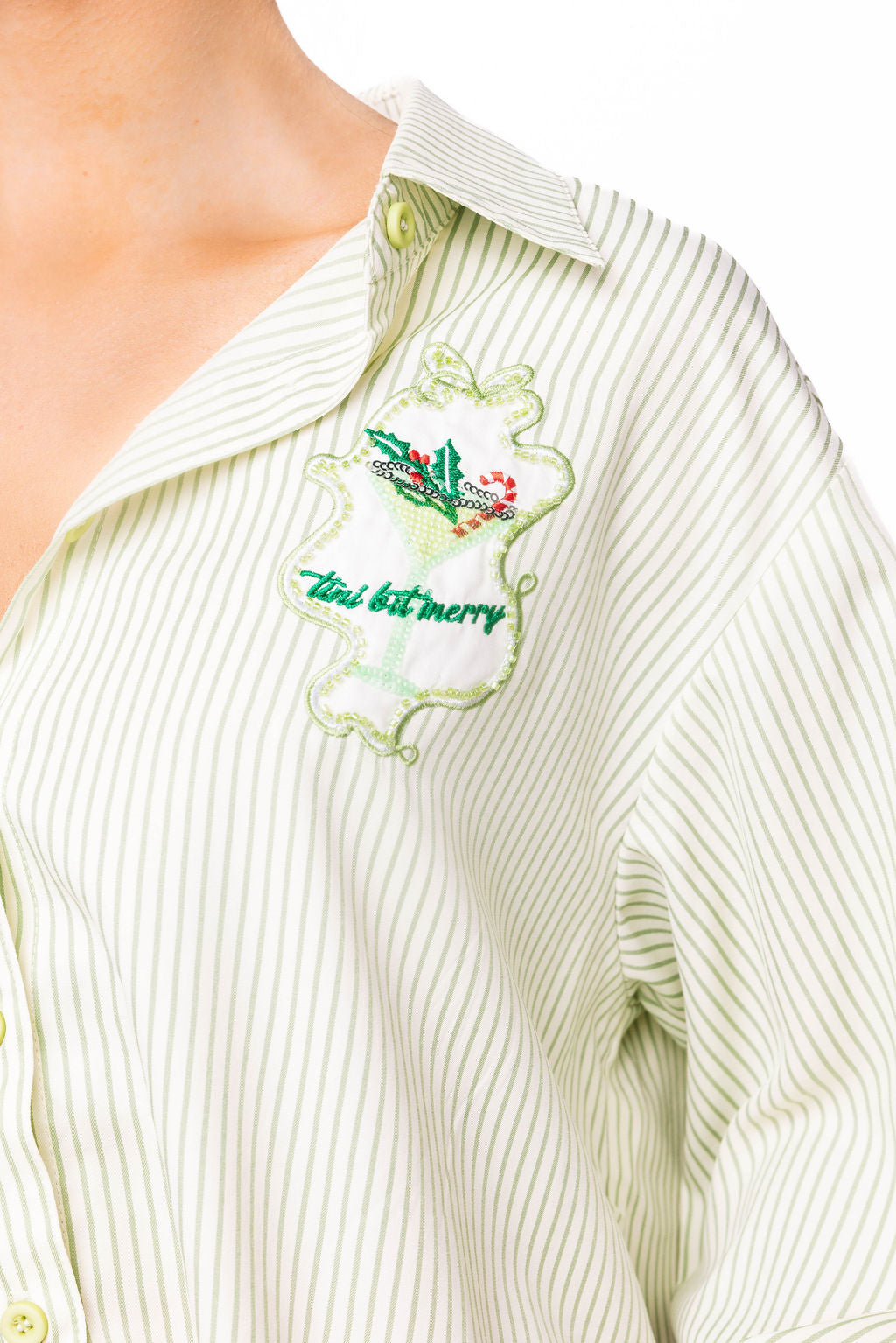 Sample Green Striped 'Tini Bit Merry' Cotton Button Up top