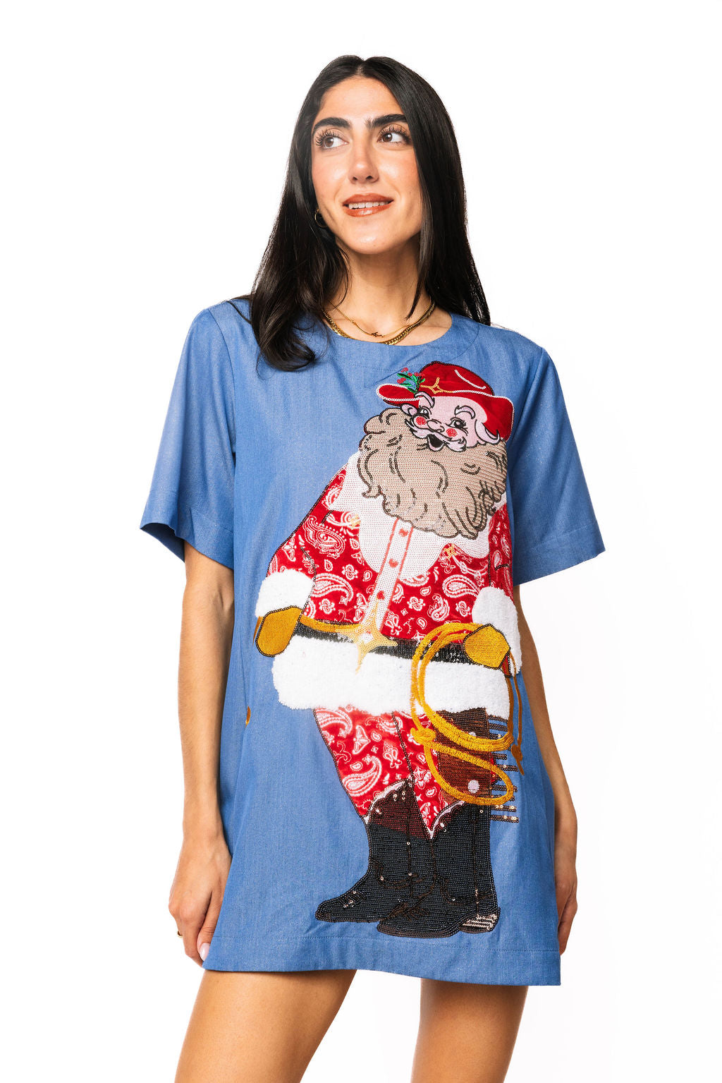 Shimmer Denim Cowboy Santa Short Sleeve Dress