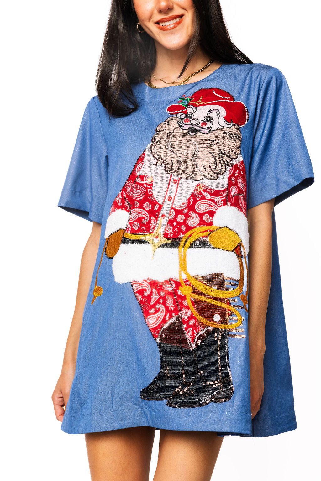 Shimmer Denim Cowboy Santa Short Sleeve Dress