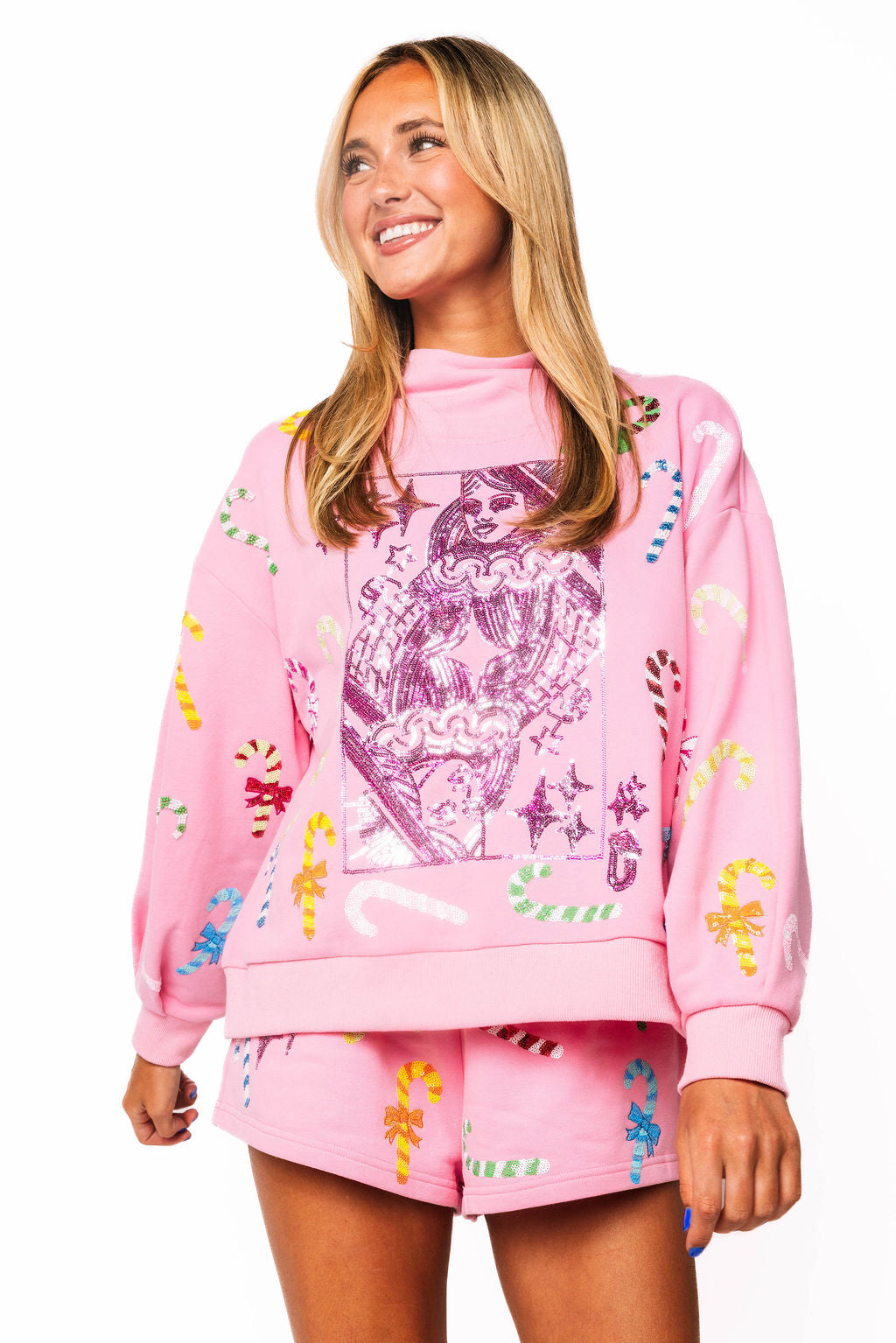 Pink Multi Candy Cane QOS Card Logo Mock Neck Sweatshirt