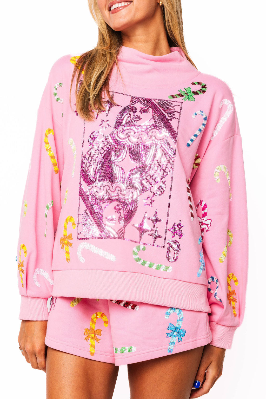 Pink Multi Candy Cane QOS Card Logo Mock Neck Sweatshirt