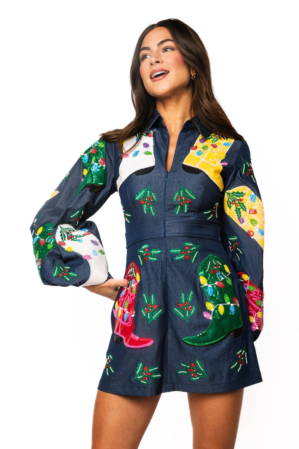 Denim Multi Christmas Cowboy Boot Zip Up Dress