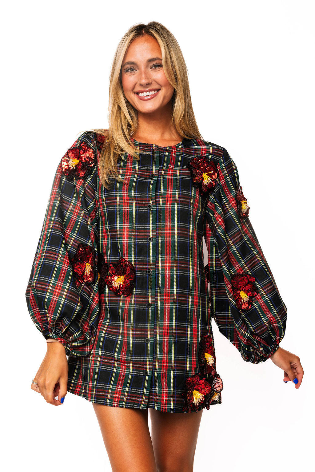Sample Navy Plaid 3D Red Sequin Flower Button Up Balloon Sleeve Dress