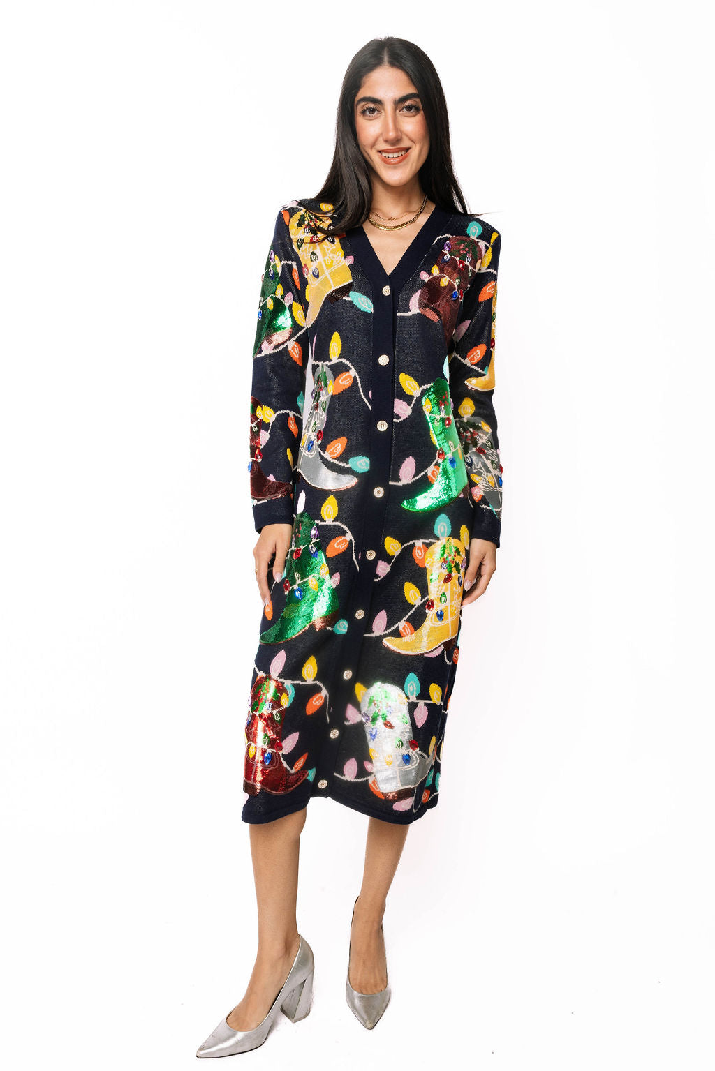 Navy Knit Christmas Cowboy Boot Midi Dress