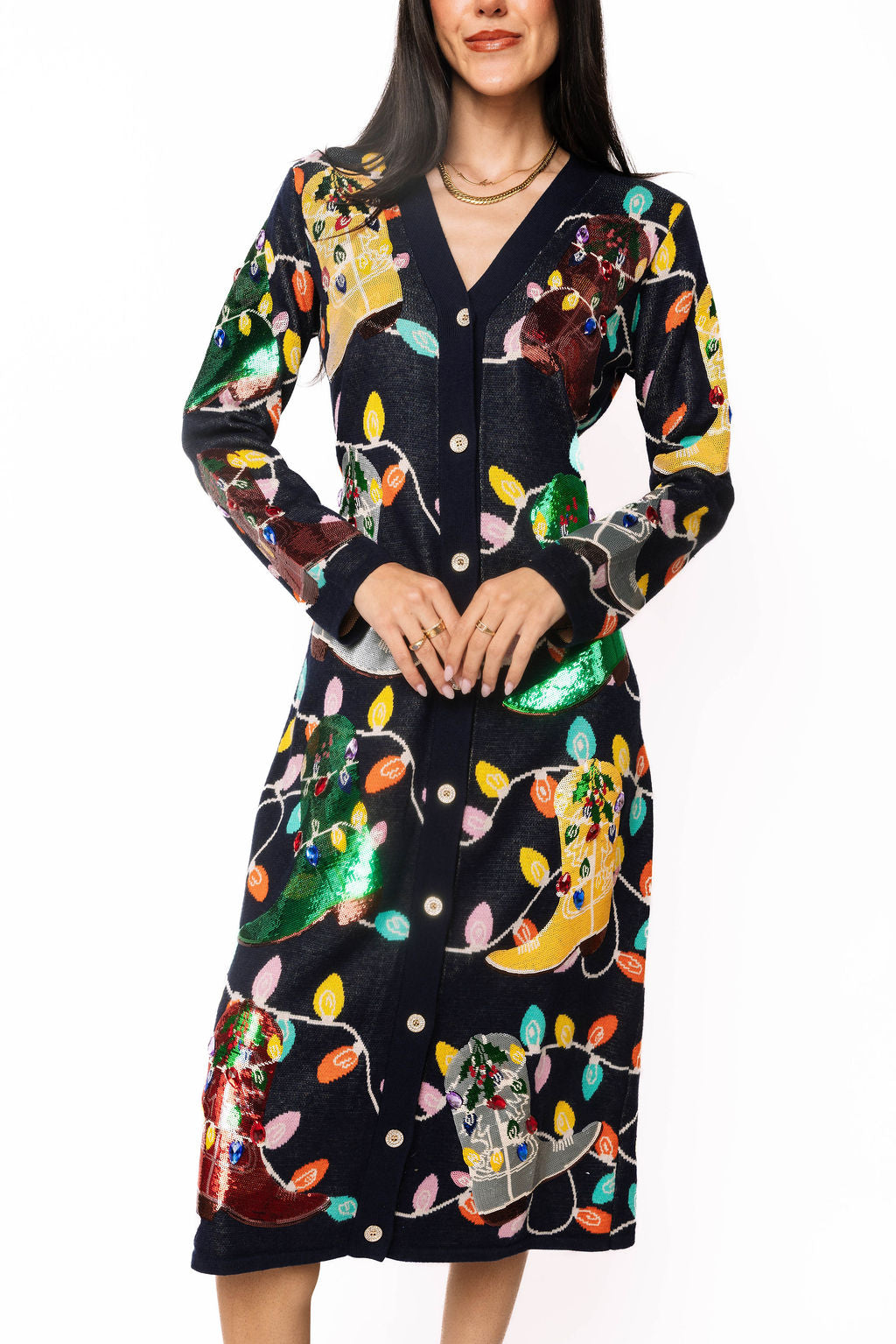 Navy Knit Christmas Cowboy Boot Midi Dress