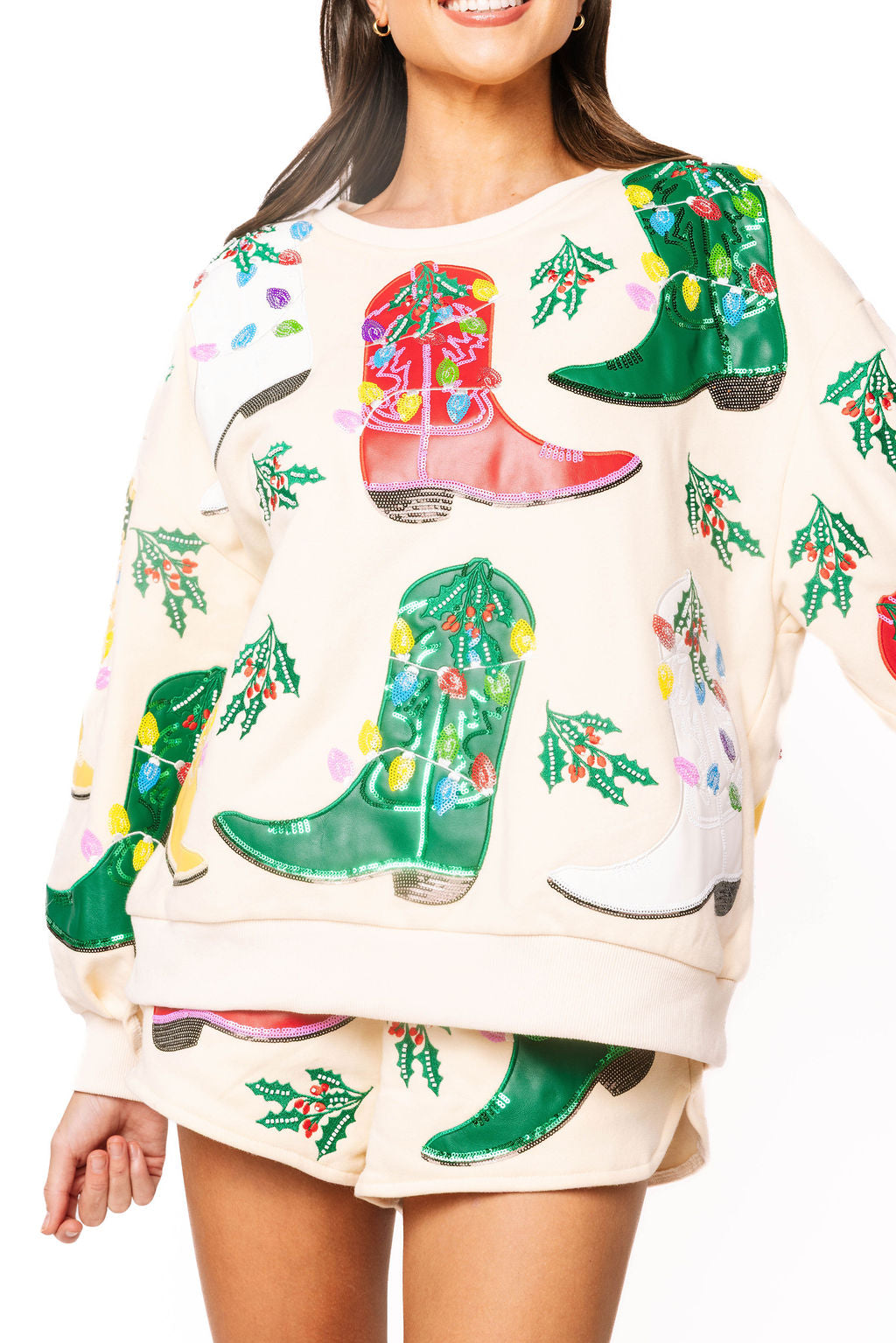 Beige Multi Christmas Cowboy Boots Sweatshirt