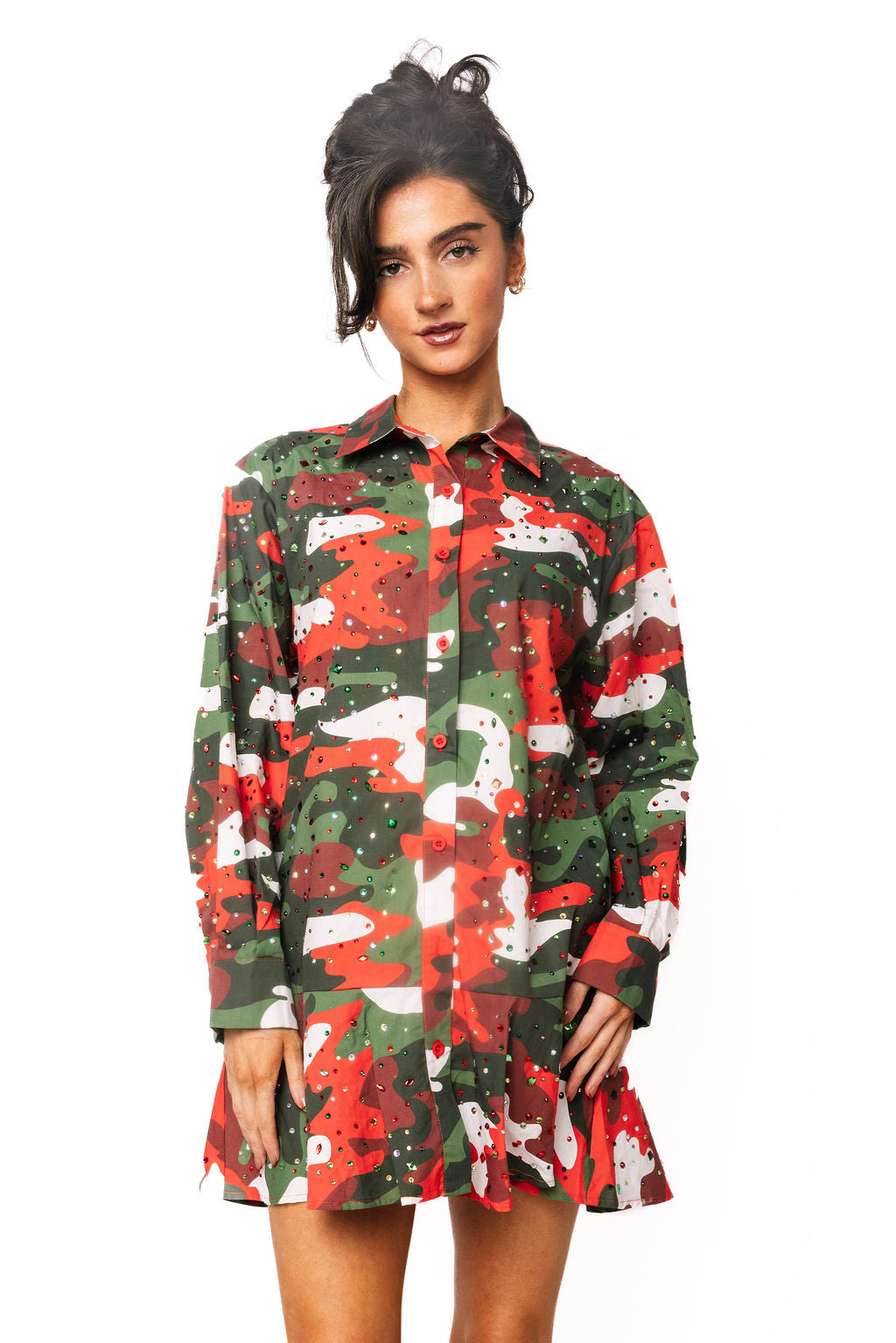 Sample Red, Green & White Rhinestone Camo Button Up Dress