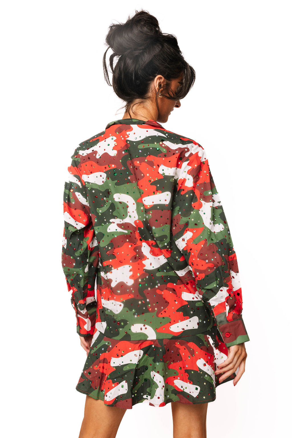 Sample Red, Green & White Rhinestone Camo Button Up Dress