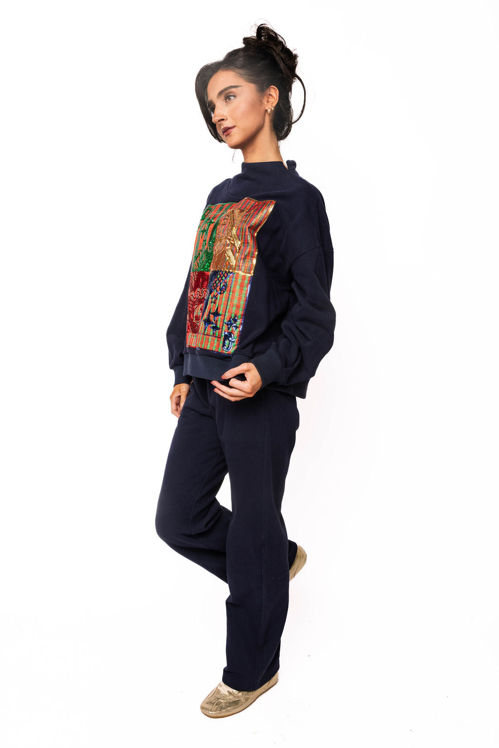 Navy Christmas Plaid Metallic QOS Sparkle Sweat Pant