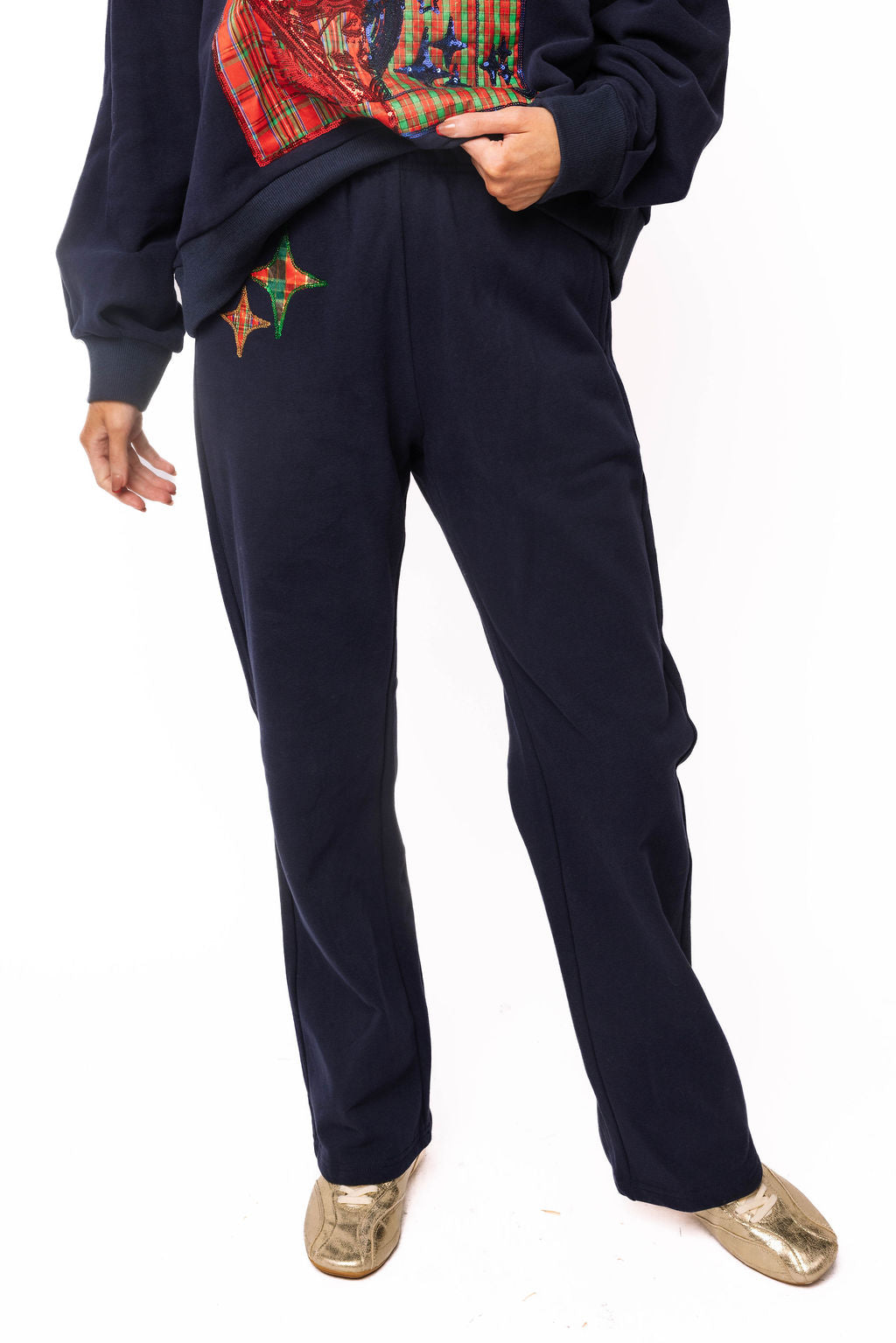 Navy Christmas Plaid Metallic QOS Sparkle Sweat Pant