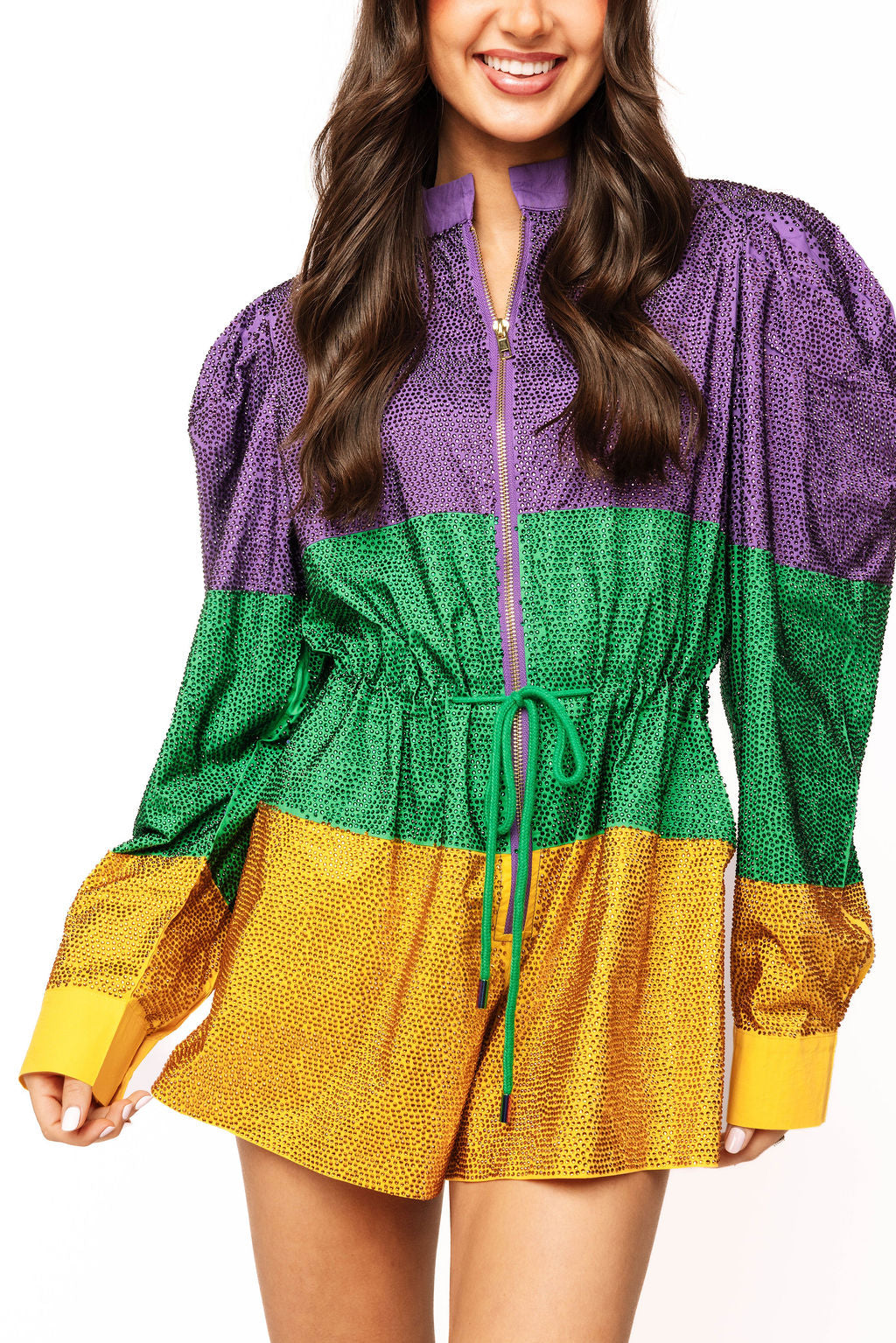 Purple, Green & Gold Colorblock Full Rhinestone Long Sleeve Romper Queen of Sparkles Purple, Green & Gold Colorblock Full Rhinestone Long Sleeve Romper Queen of Sparkles