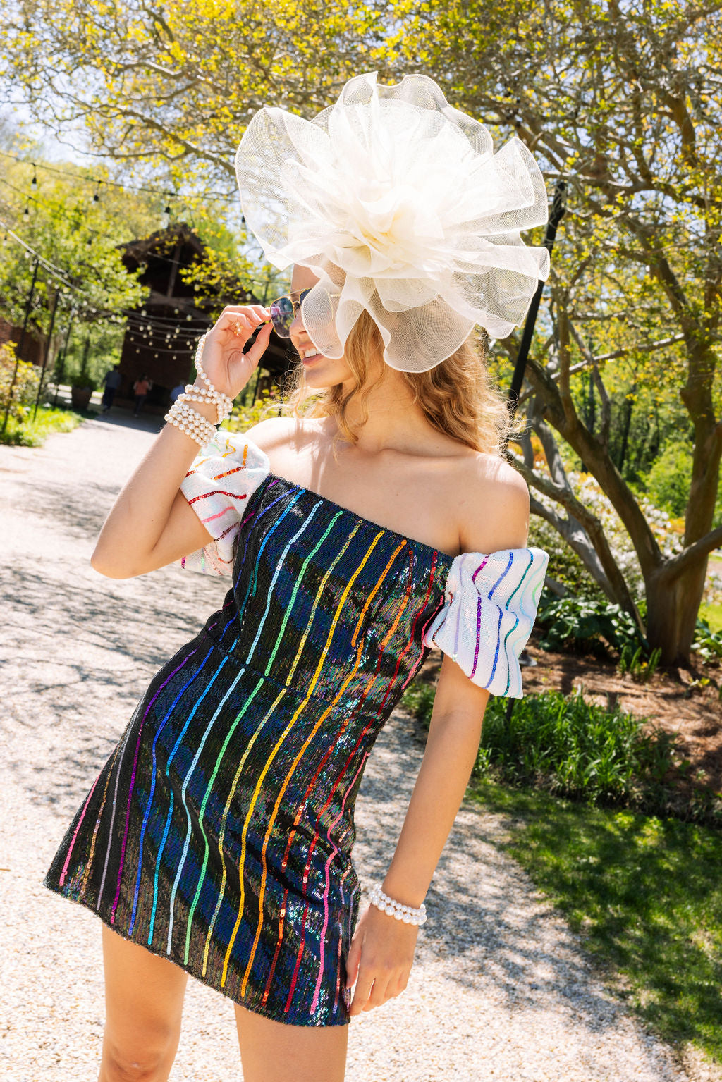 Rainbow Sequin Stripe Dress with White Sleeves