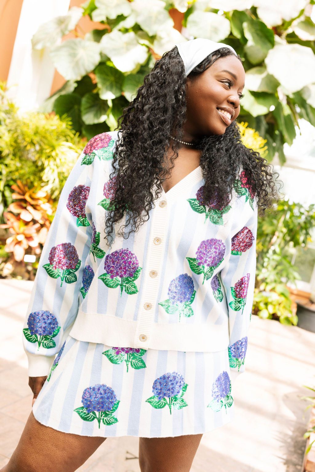 Blue & White Striped Hydrangea Cardigan