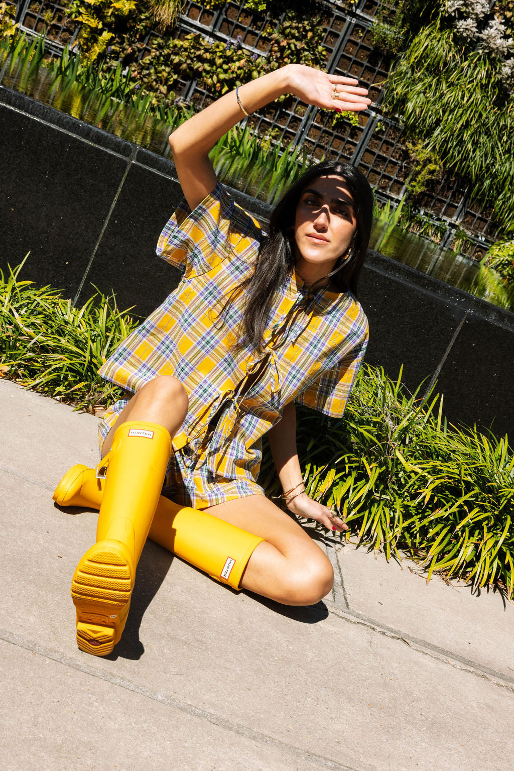 Preorder-Yellow Plaid Rhinestone Cotton Tie Top