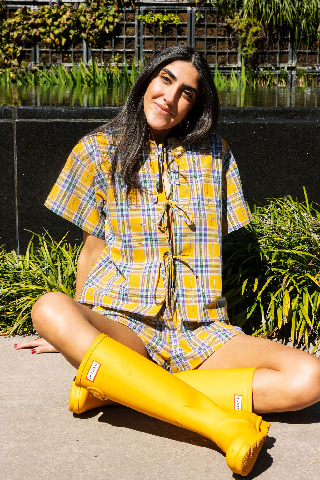 Preorder-Yellow Plaid Rhinestone Cotton Tie Top