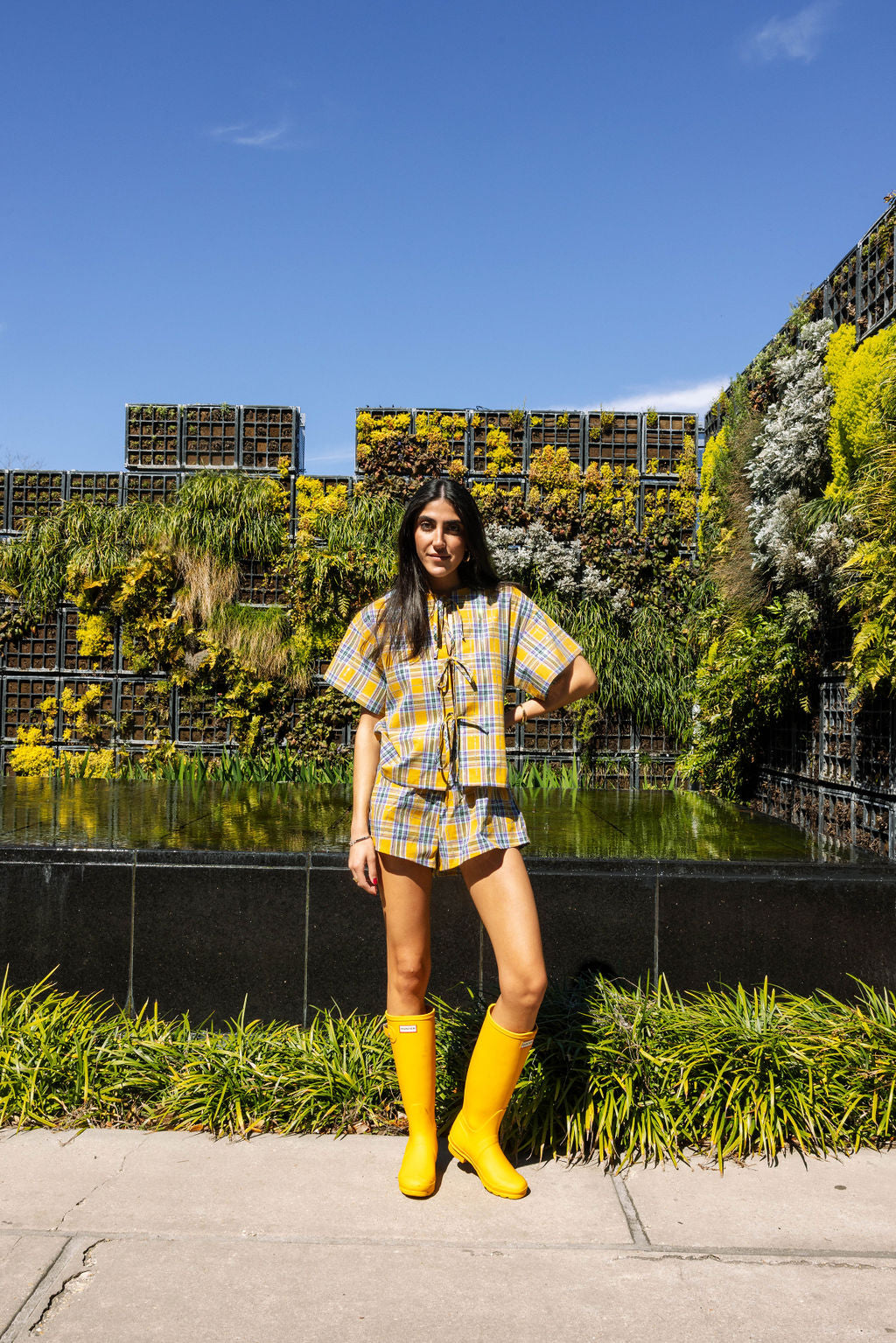 Preorder-Yellow Plaid Rhinestone Cotton Shorts