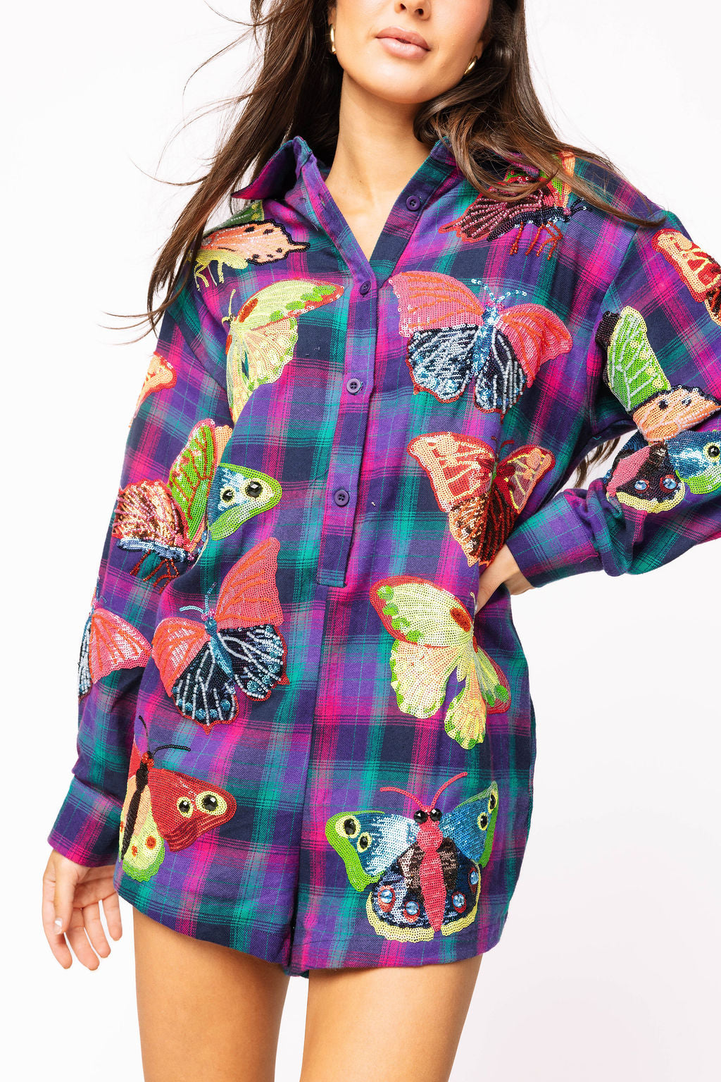Sample Multi Plaid Neon Butterfly Button Up Romper
