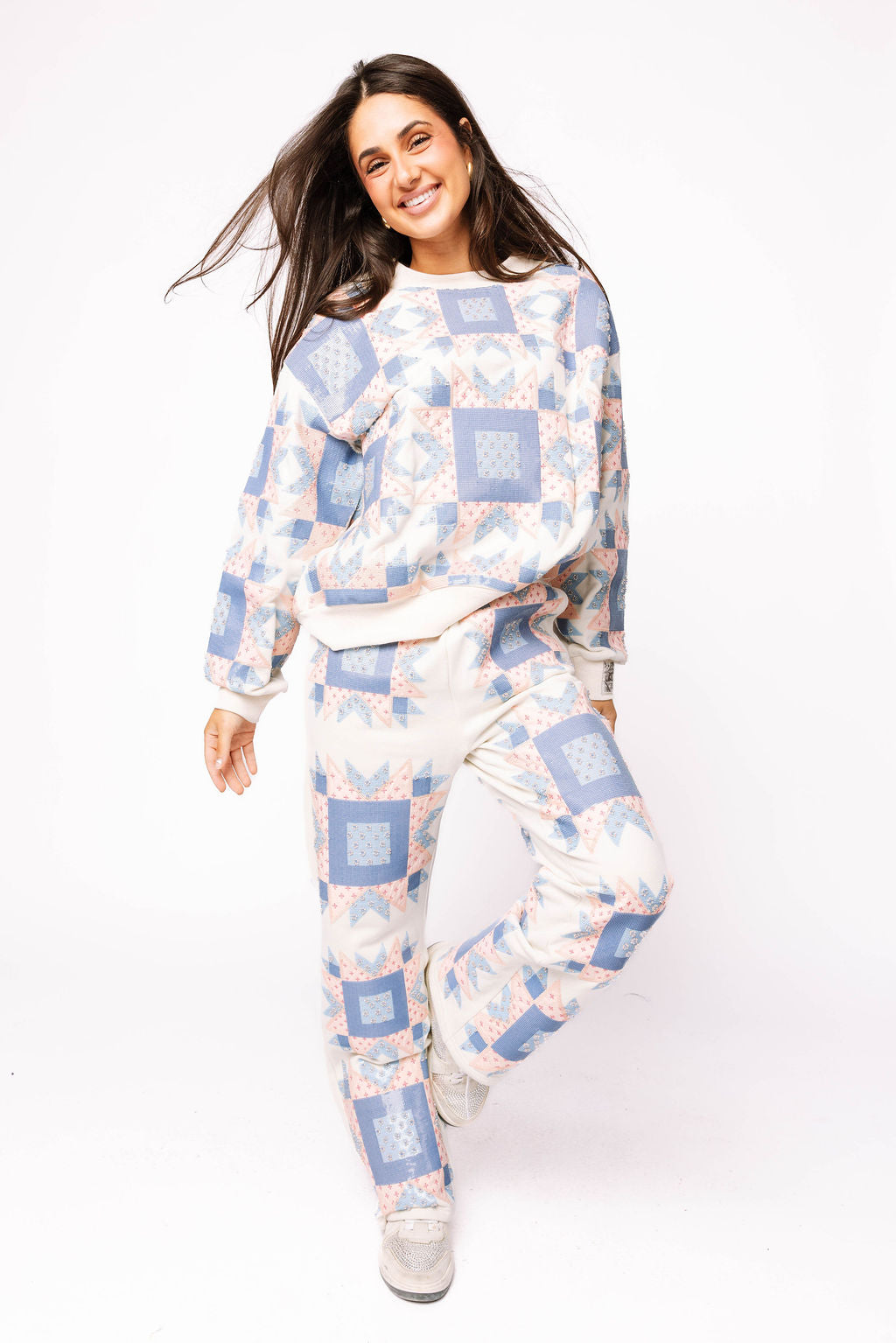 Ivory, Blue & Light Pink Patchwork Pant