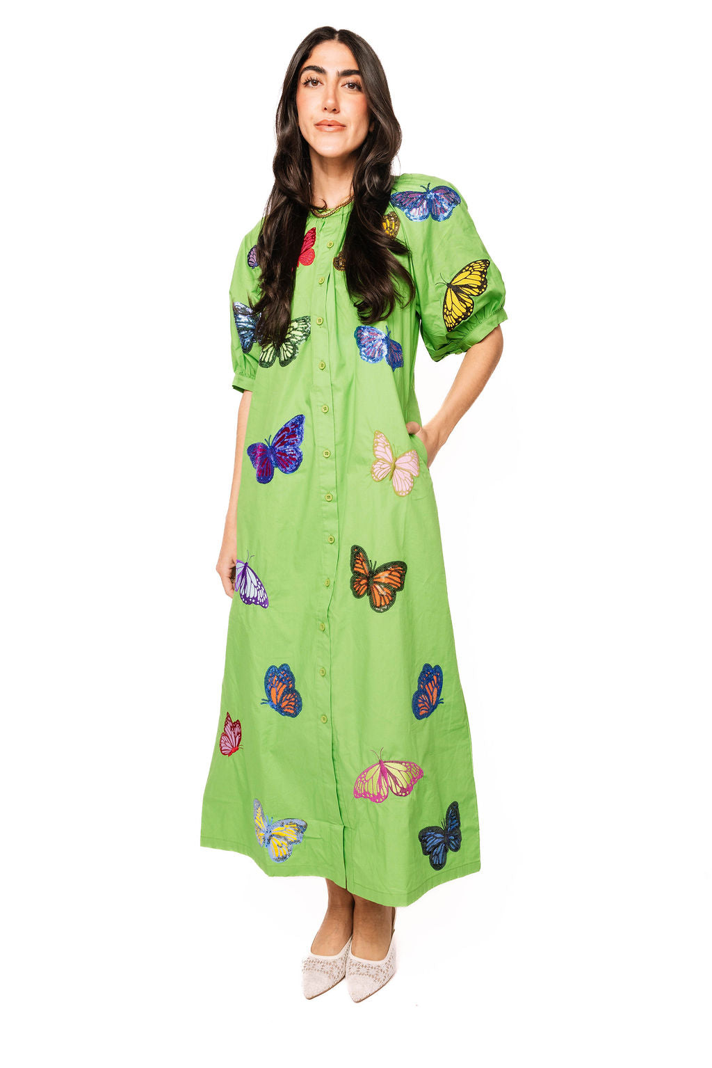 butterfly green dress RIXO Meera Chiffon Butterfly Bloom Green