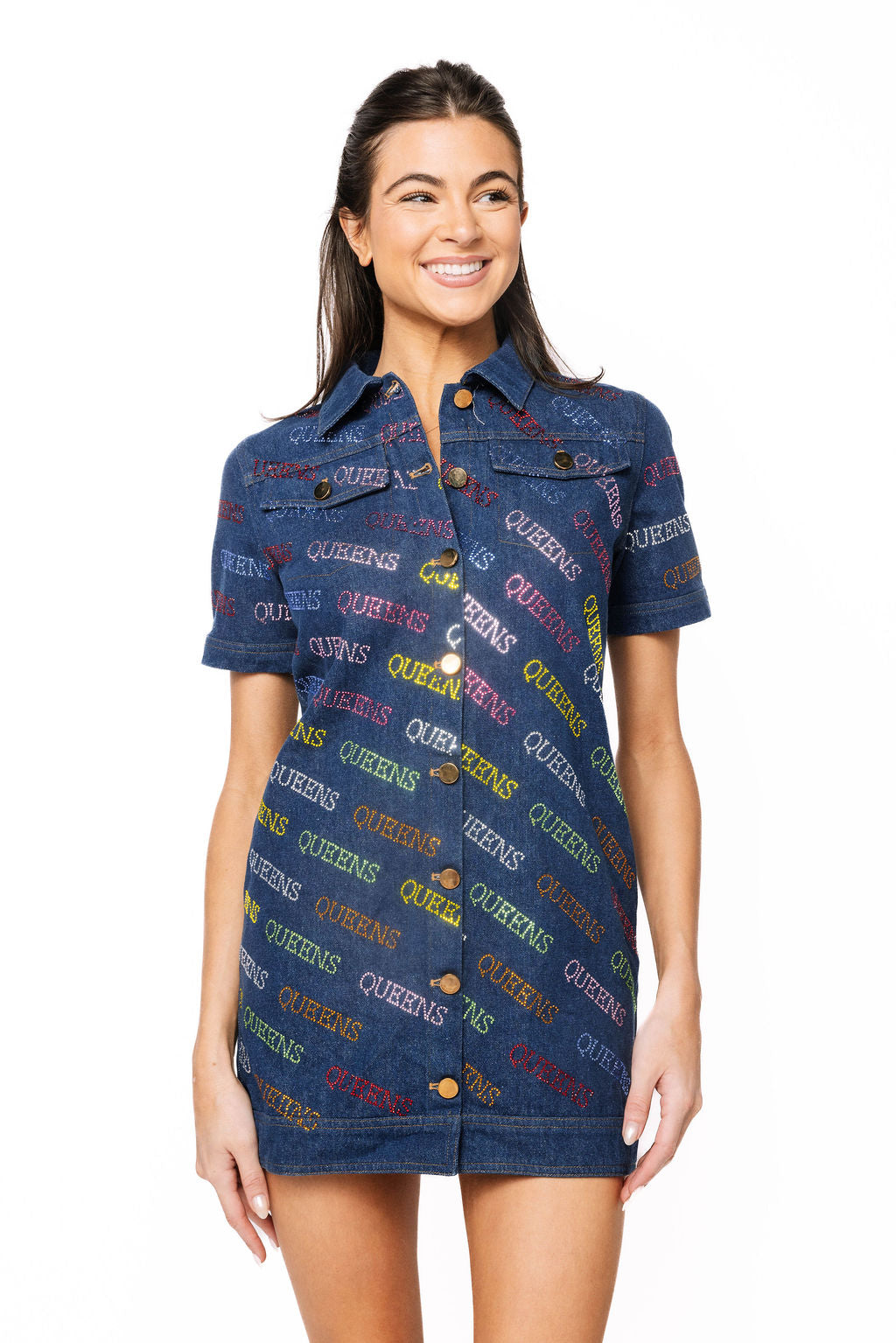 Sample Denim Rainbow Rhinestone Queen All Over Dress – Queen of Sparkles Sample Denim Rainbow Rhinestone Queen All Over Dress – Queen of Sparkles