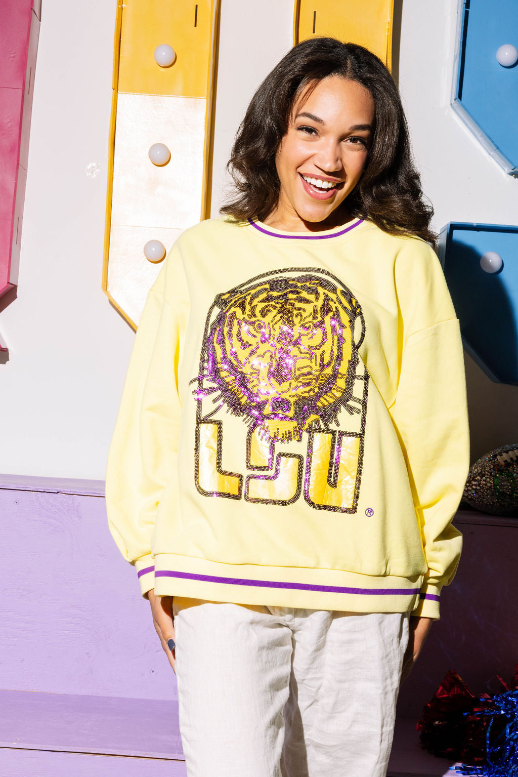 Licensed Pale Yellow Sequin Vintage LSU Tiger Head Sweatshirt