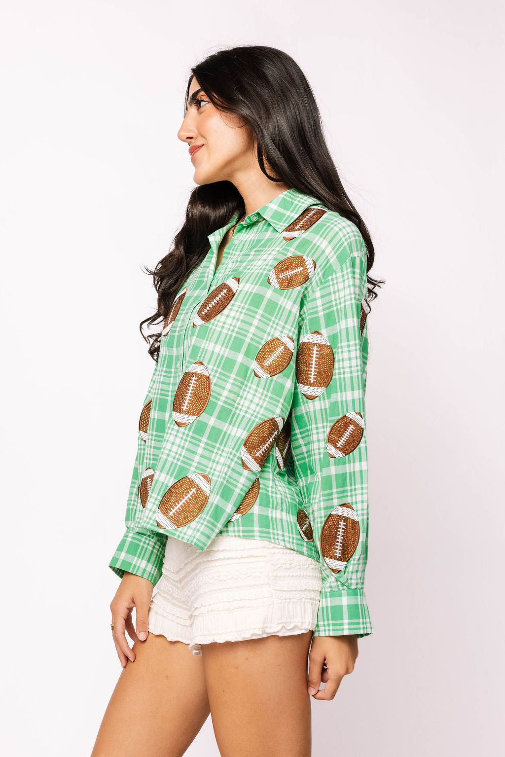 Licensed Sample - Green & White Rhinestone Football Button Down LS Shirt