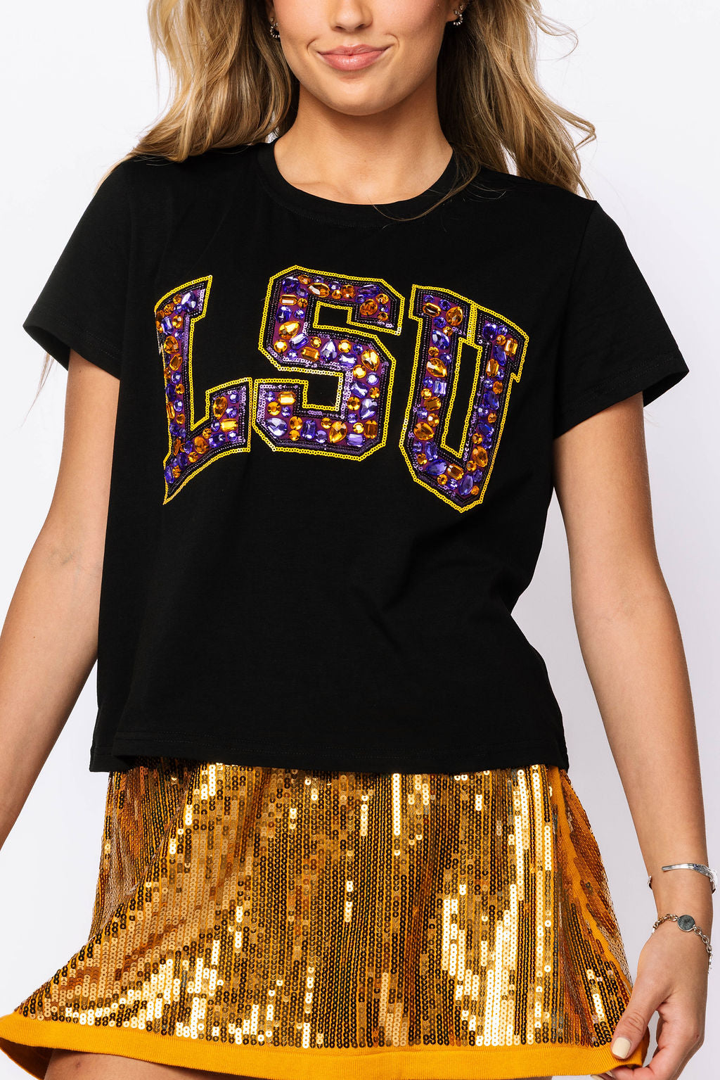 Licensed 'LSU' Black with Multi Jewel Letter Tee