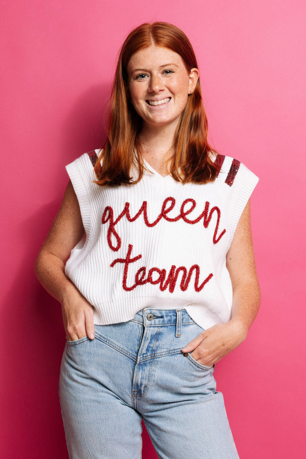 Red & White Queen Team Glitter Script Sweater Vest