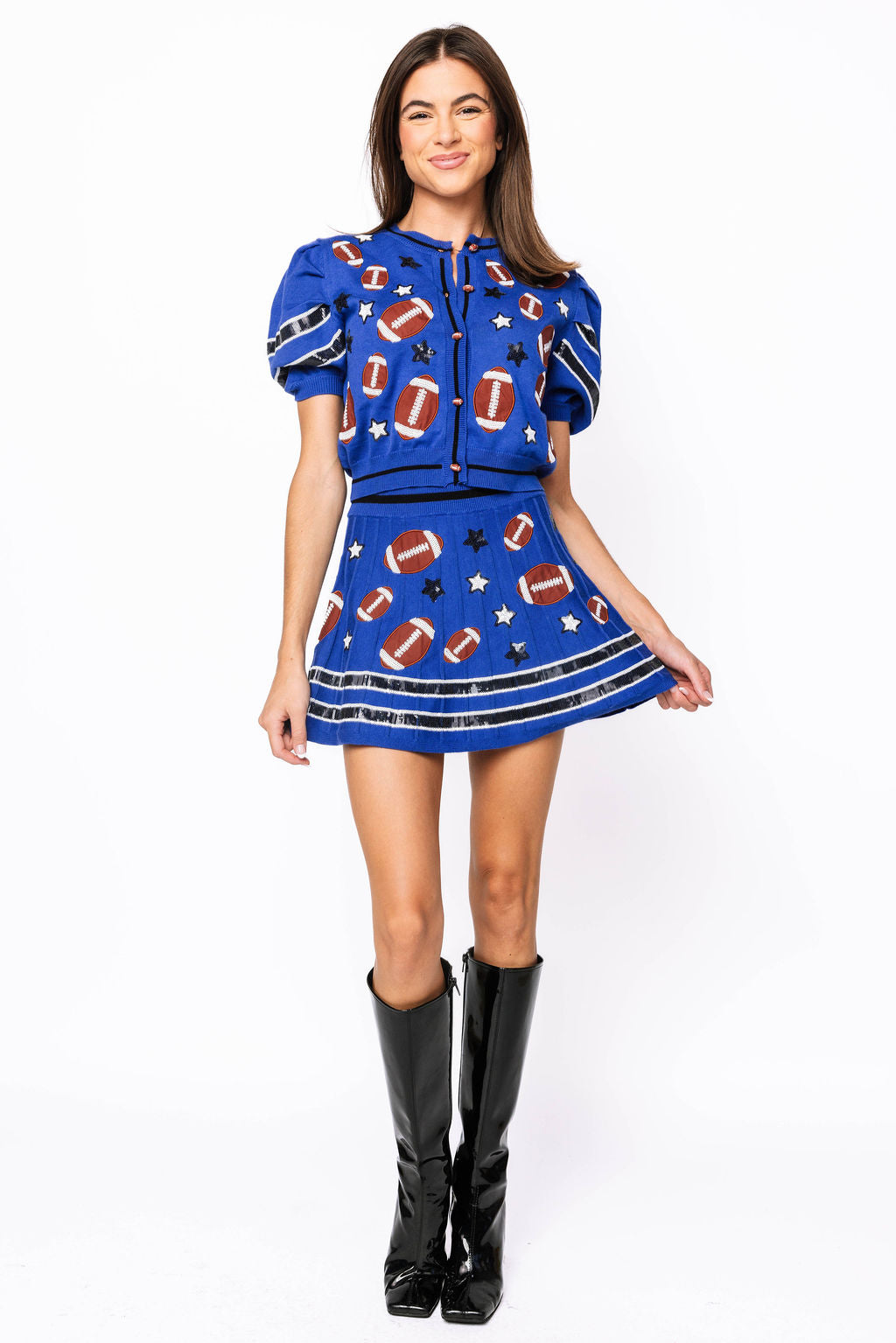 SAMPLE -  Royal Footballs & Stars Poof Sleeve Knit Top and Skirt Set