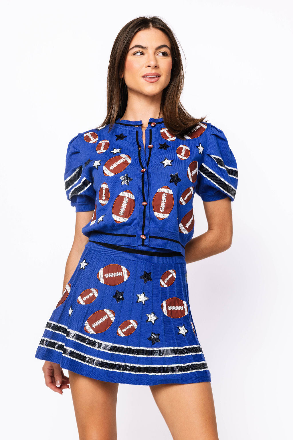SAMPLE -  Royal Footballs & Stars Poof Sleeve Knit Top and Skirt Set