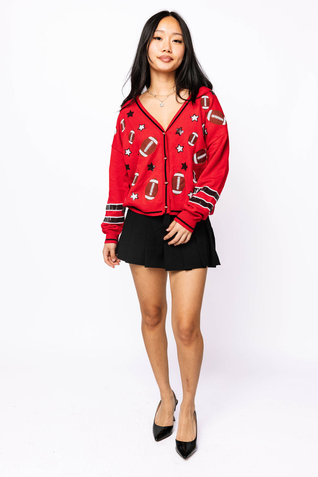 SAMPLE - Red Footballs & Stars Knit Cardigan