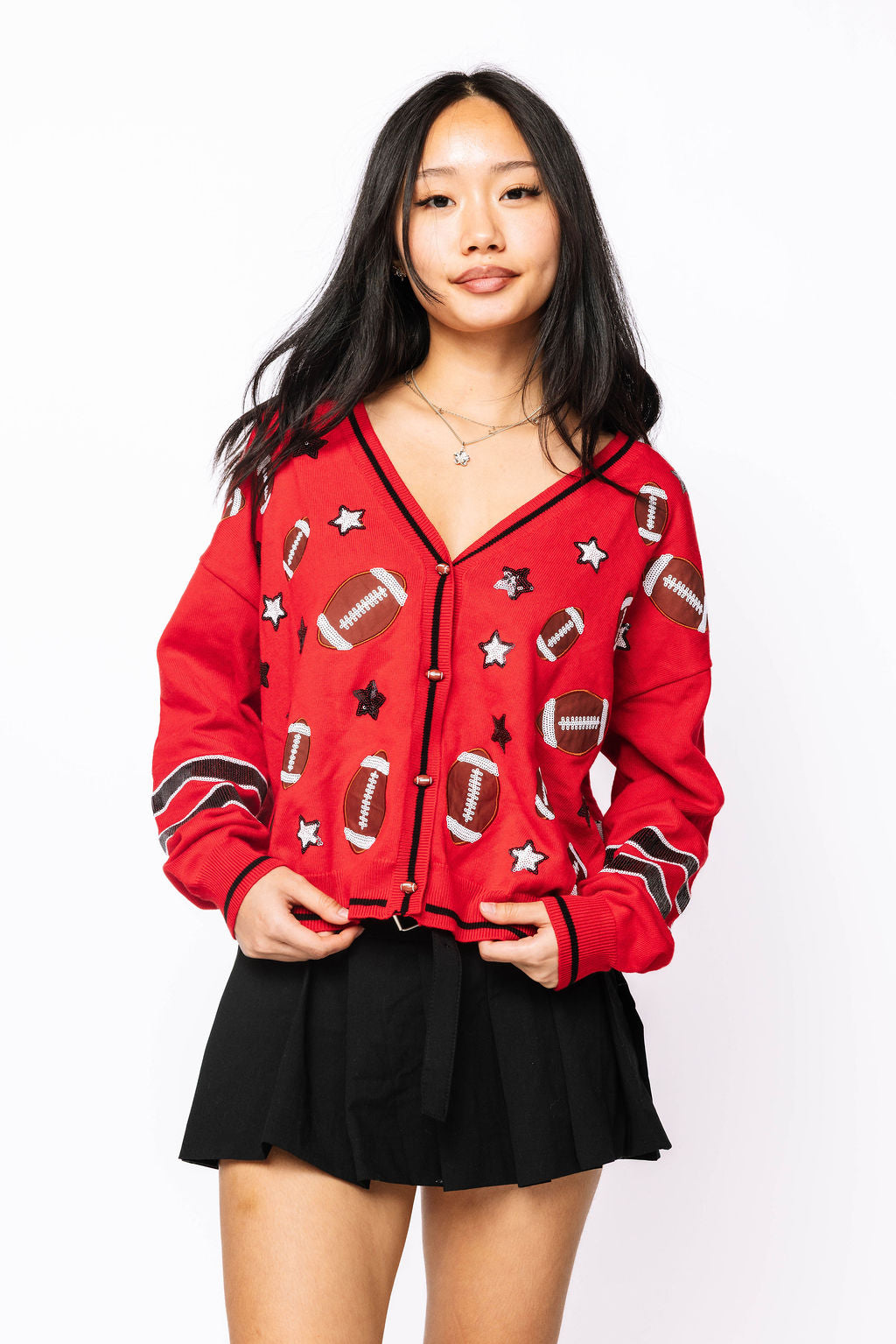SAMPLE - Red Footballs & Stars Knit Cardigan