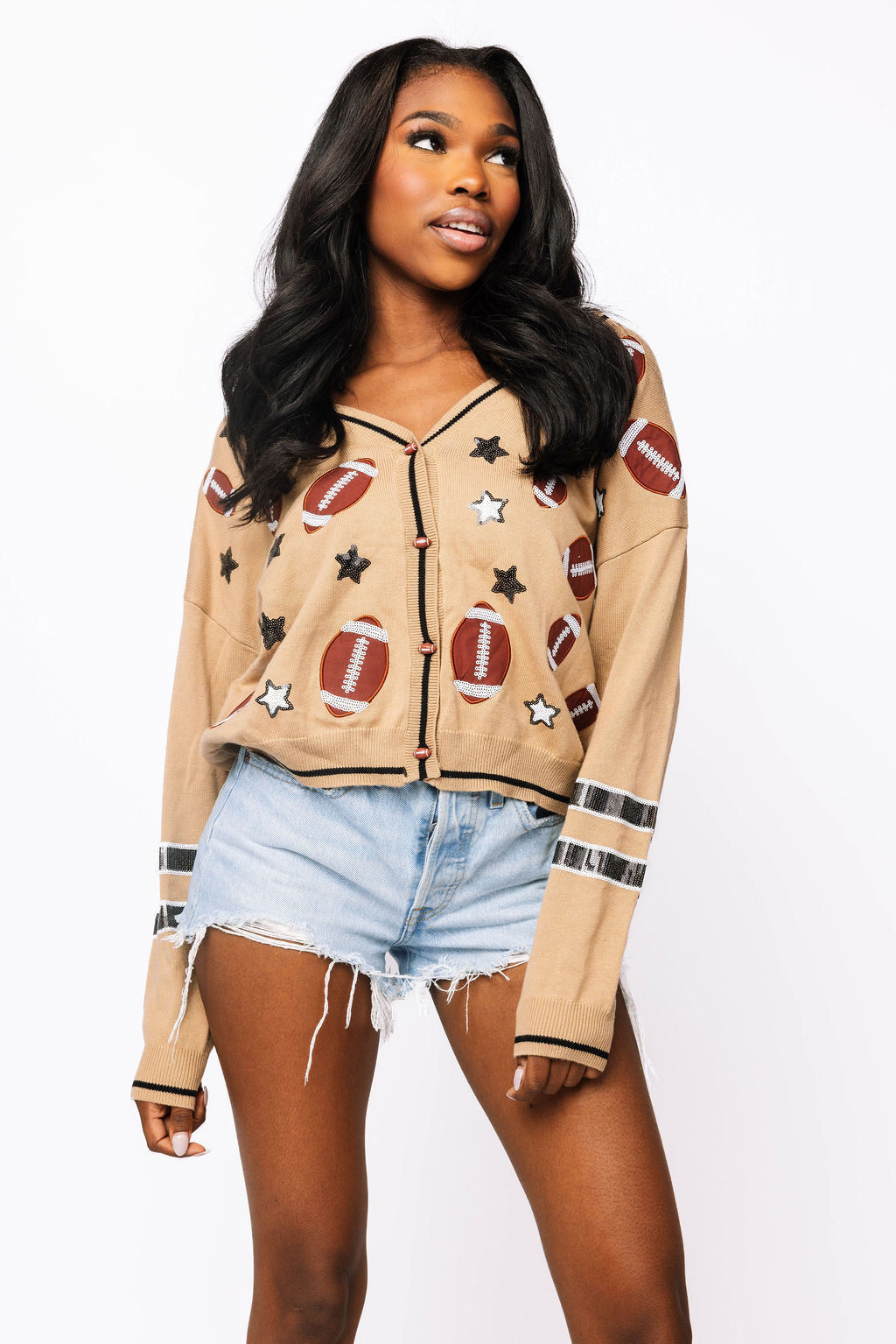 SAMPLE - Tan Footballs & Stars Knit Cardigan