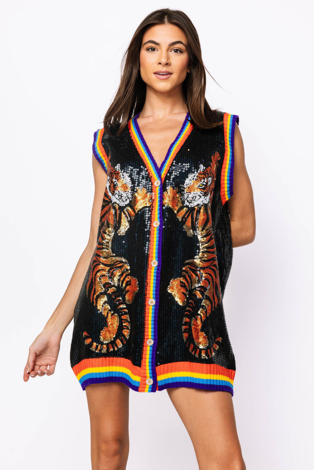 SAMPLE - Black Rainbow Trim Full Sequin Tiger Vest Dress