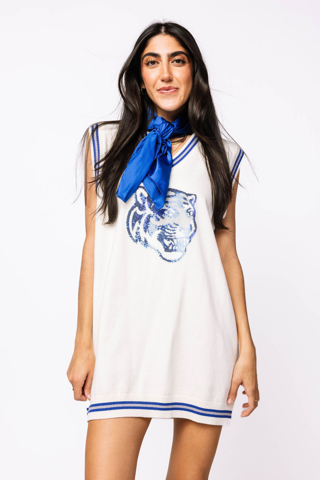 Licensed Sample - Memphis White V Neck Striped Cuff Sweater Vest Dress