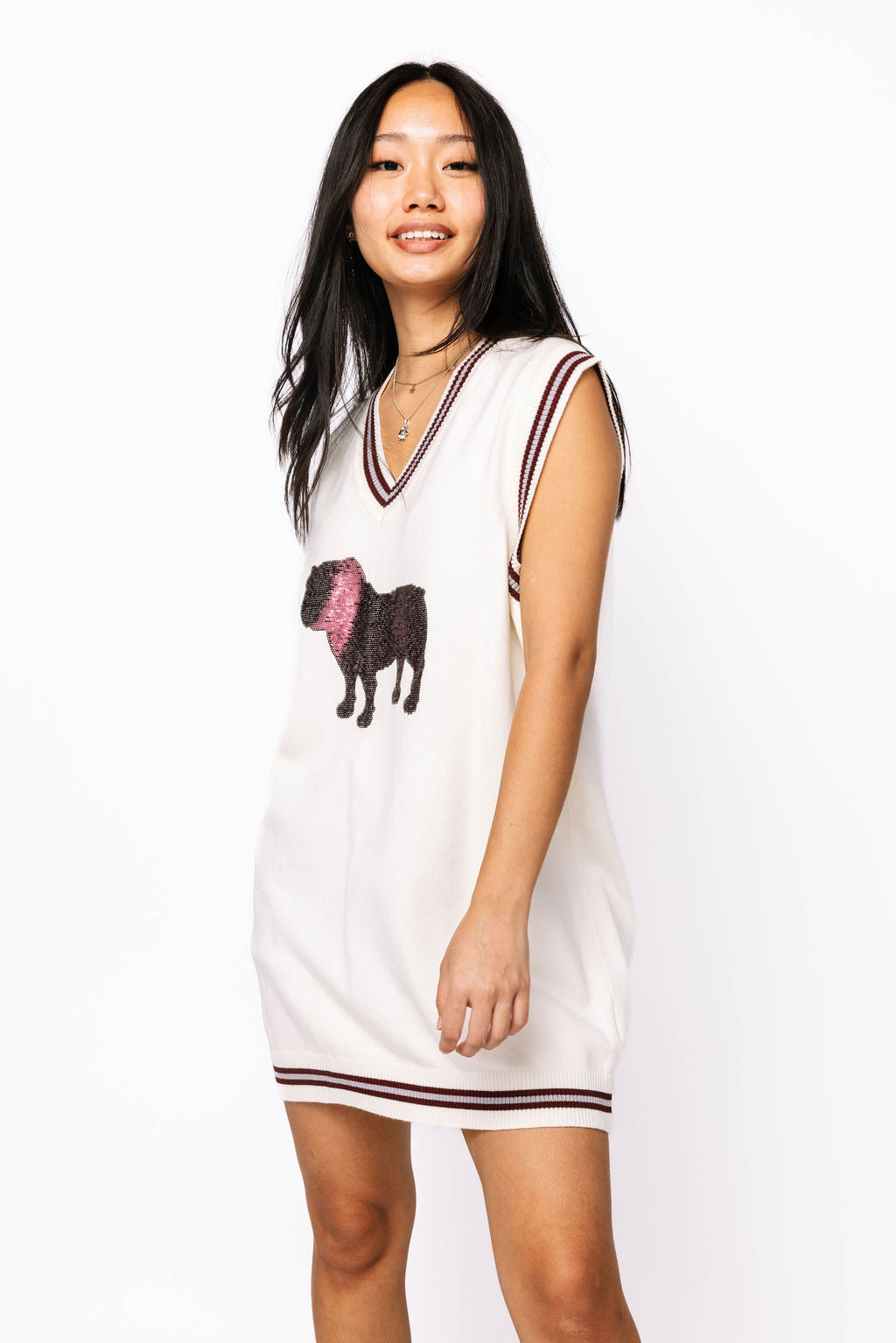 Licensed Sample - Miss State White V Neck Striped Cuff Sweater Vest Dress