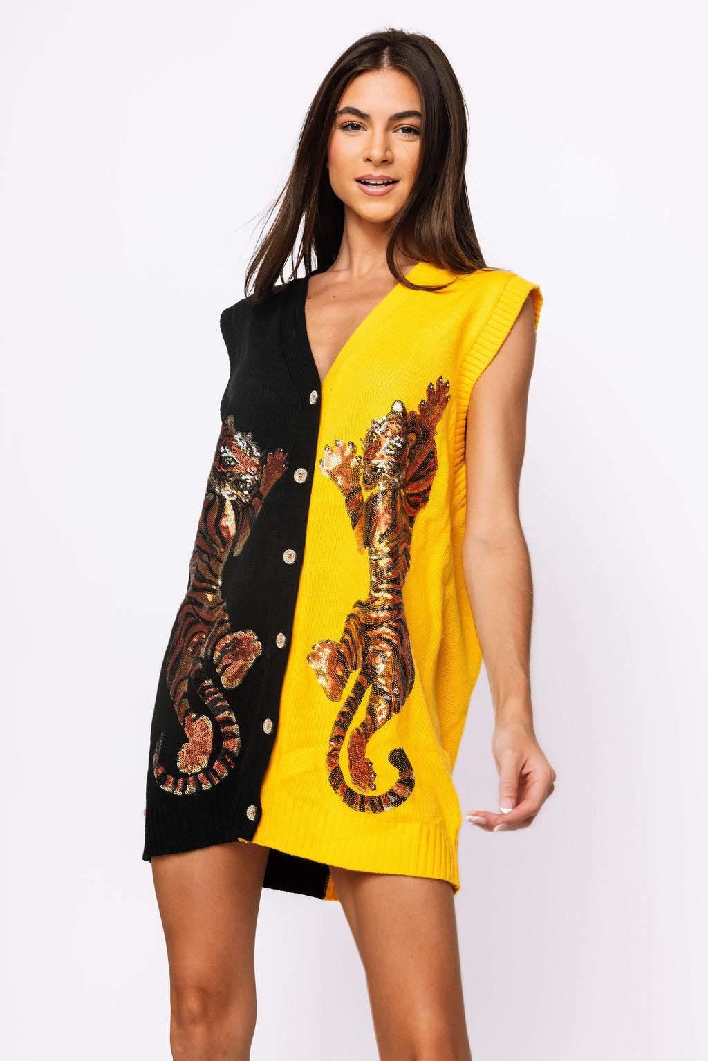 SAMPLE - Black & Yellow Tiger Cardigan Sweater Tank Dress