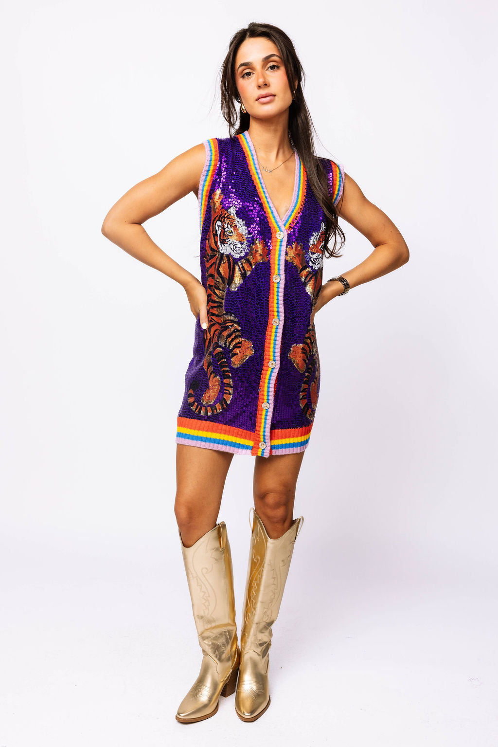 SAMPLE - Purple Rainbow Trim Full Sequin Tiger Vest Dress