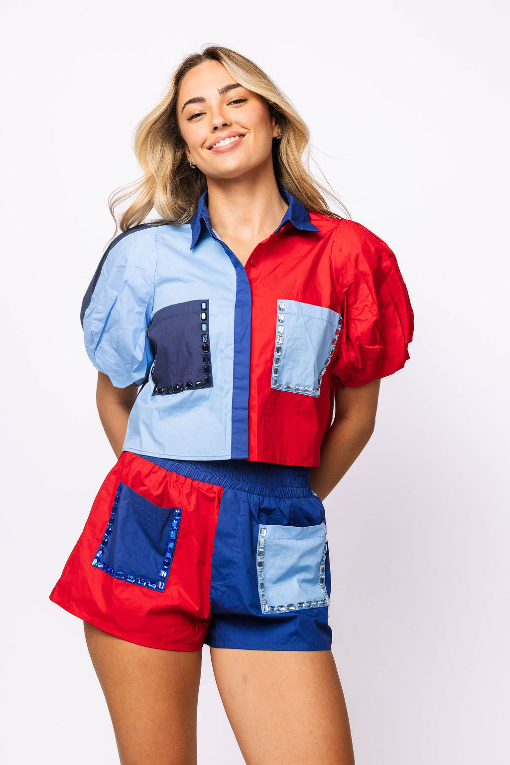 SAMPLE - Powder Blue & Red Collared Jewel Pocket Set