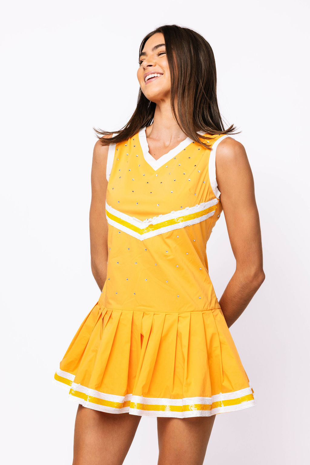 SAMPLE - Light Orange & White Rhinestone Cheerleader Tank Dress