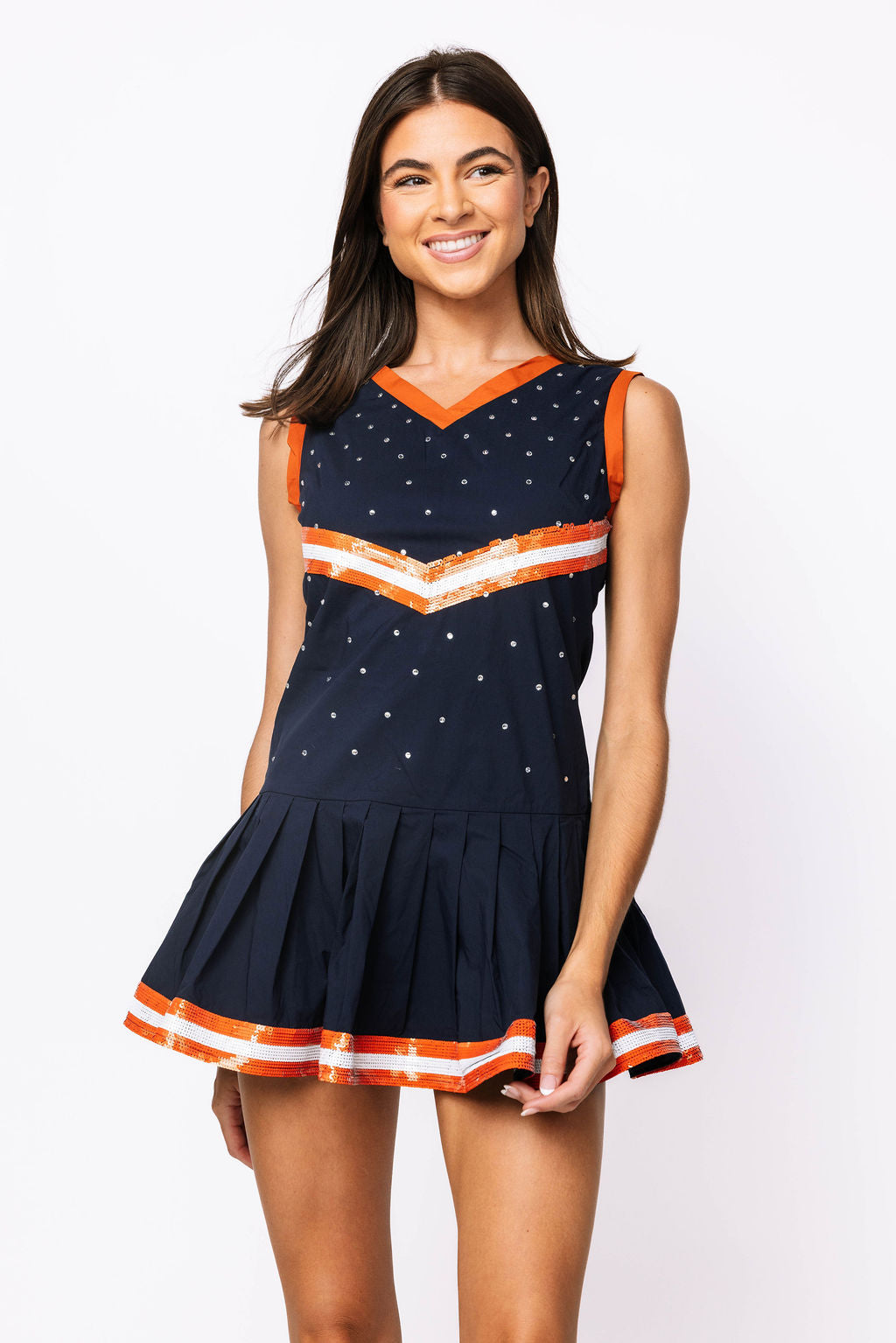 SAMPLE - Navy & Orange Rhinestone Cheerleader Tank Dress
