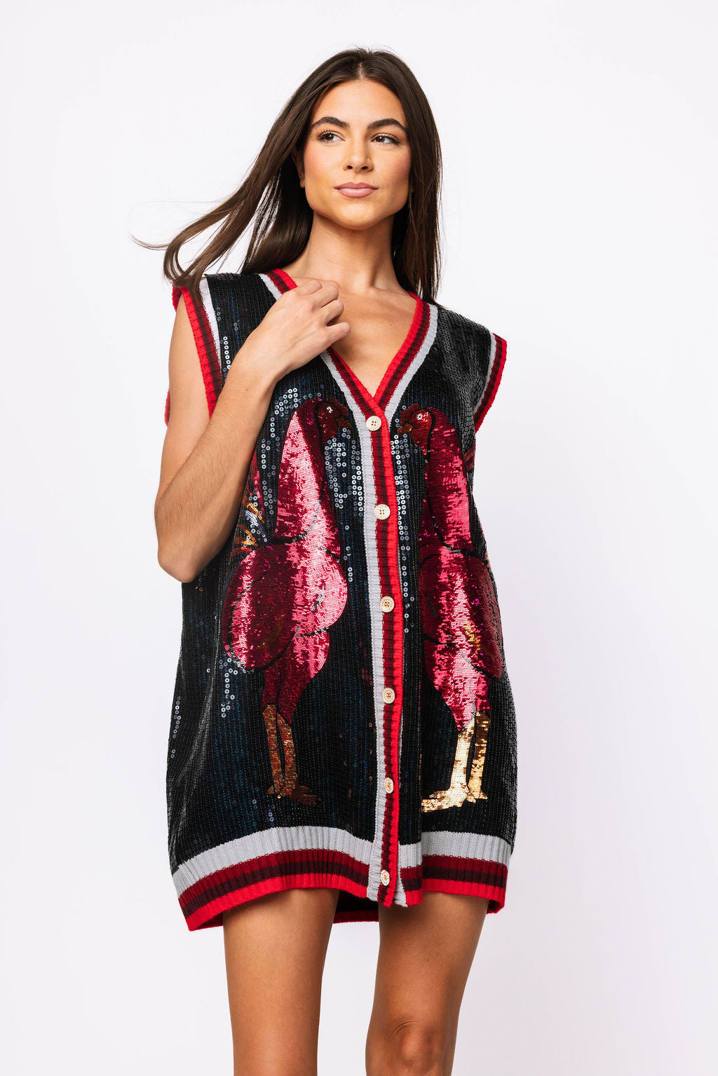 SAMPLE - Black Trim Full Sequin Chicken Vest Dress